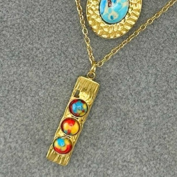 Moda Clothing Jewelry - Colorful Stone Gold Bar Pendant Necklace
